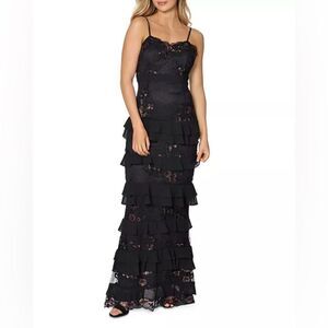 Laundry By Shelly Segal Embellished Tiered Ruffle Lace Gown Long Size 4 Black